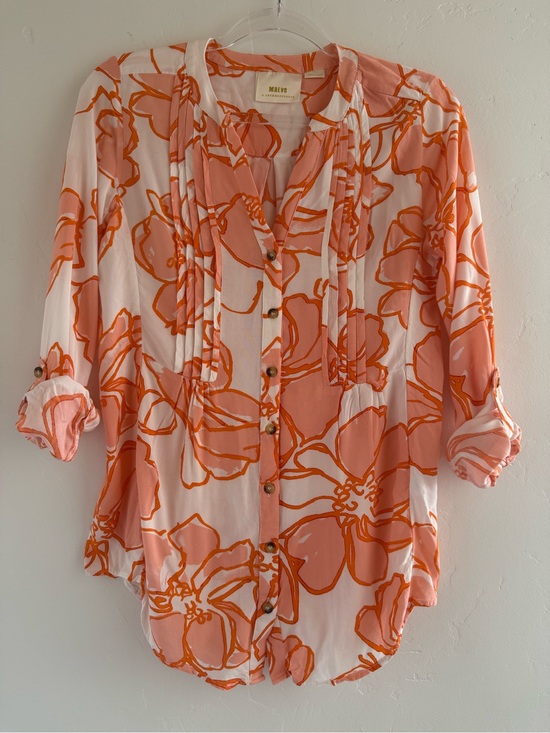 Tops - Anthropologie Maeve Floral Button Down Blouse Pink Orange Tunic Top Small